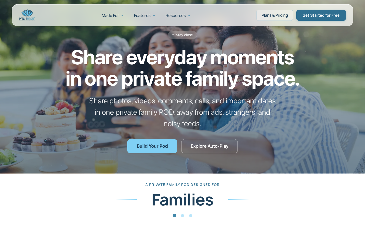 Petalz Mosaic homepage showing the rotating audience section