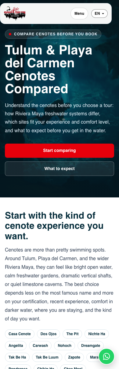 Scuba Tulum mobile cenotes comparison page preview